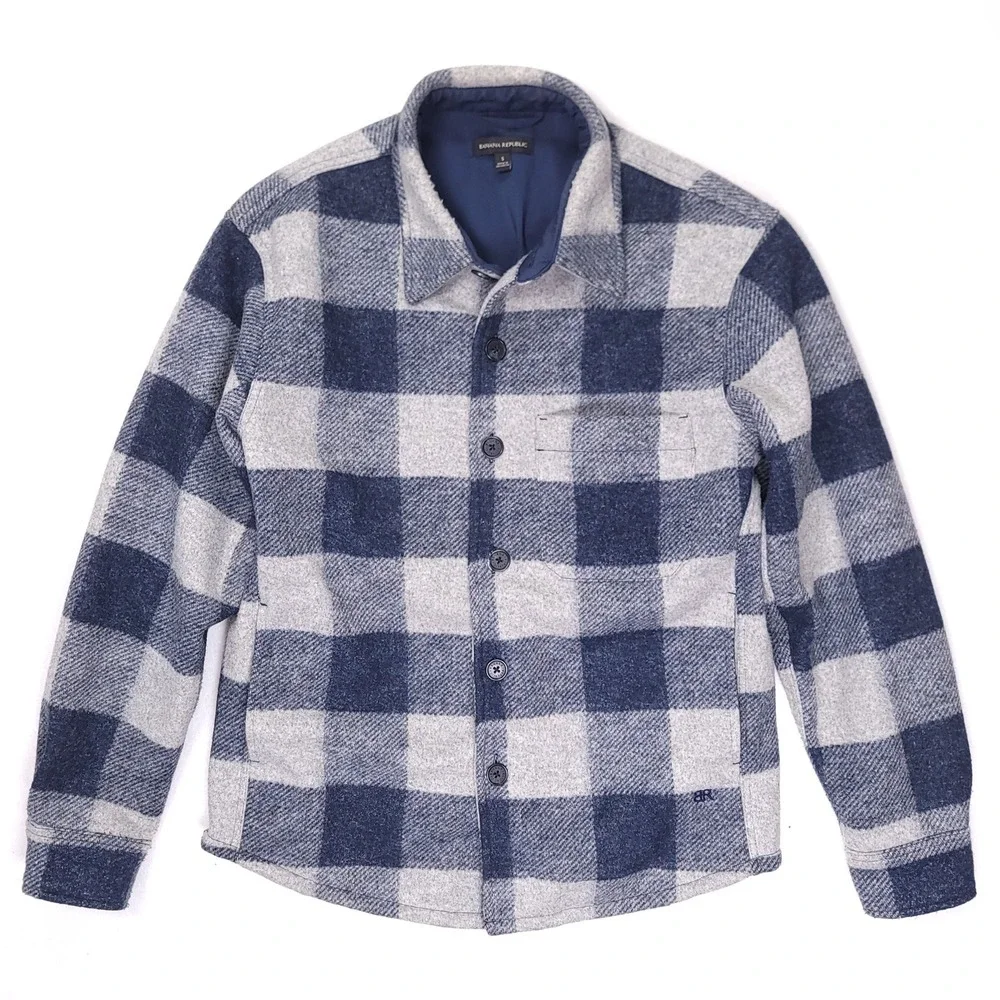 Banana Republic Mens Buffalo Plaid‎ Lined Shirt Jacket Blue Grey Small Shacket